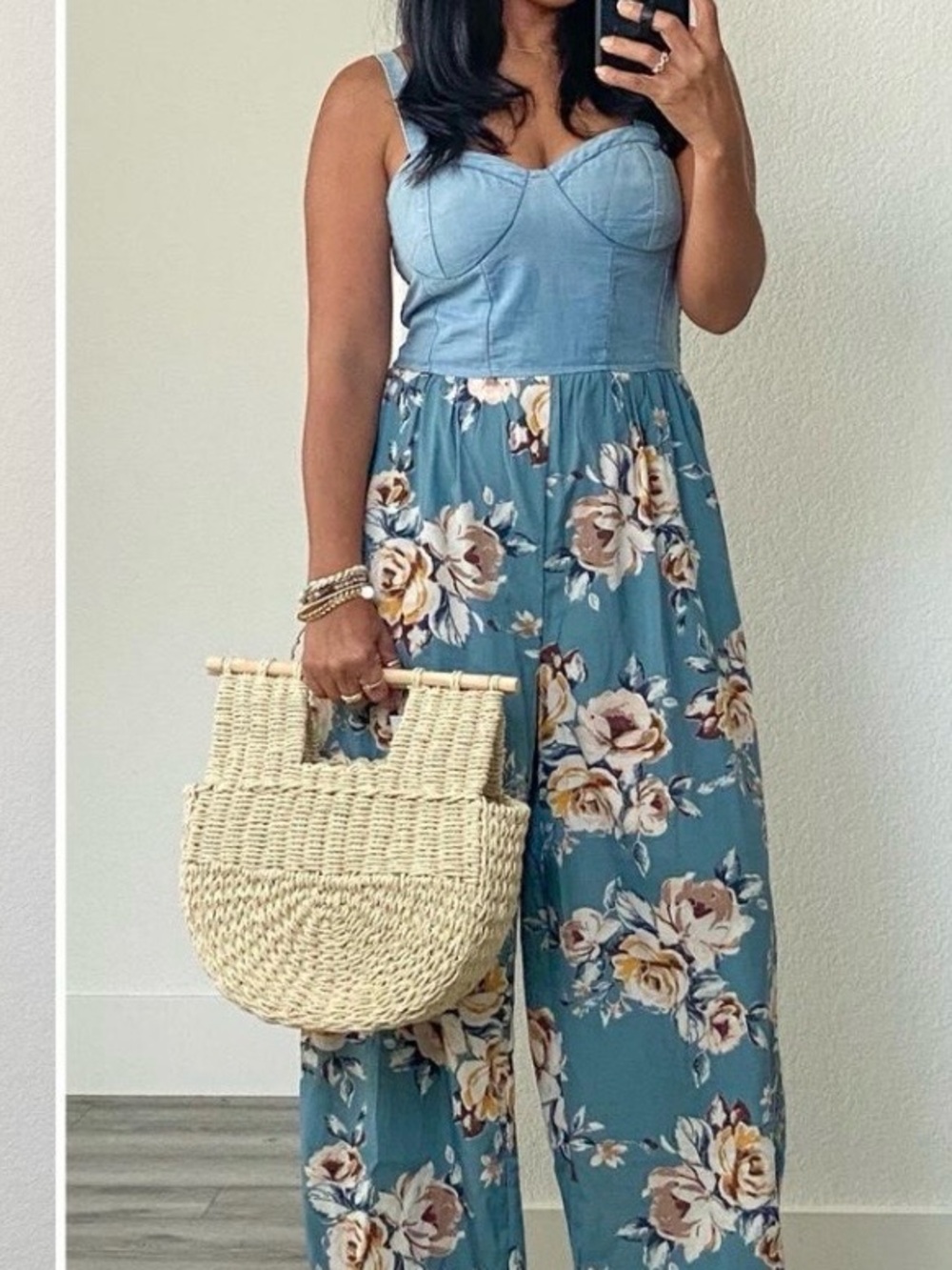 Teal Floral Bustier Jumpsuit with Wide Leg